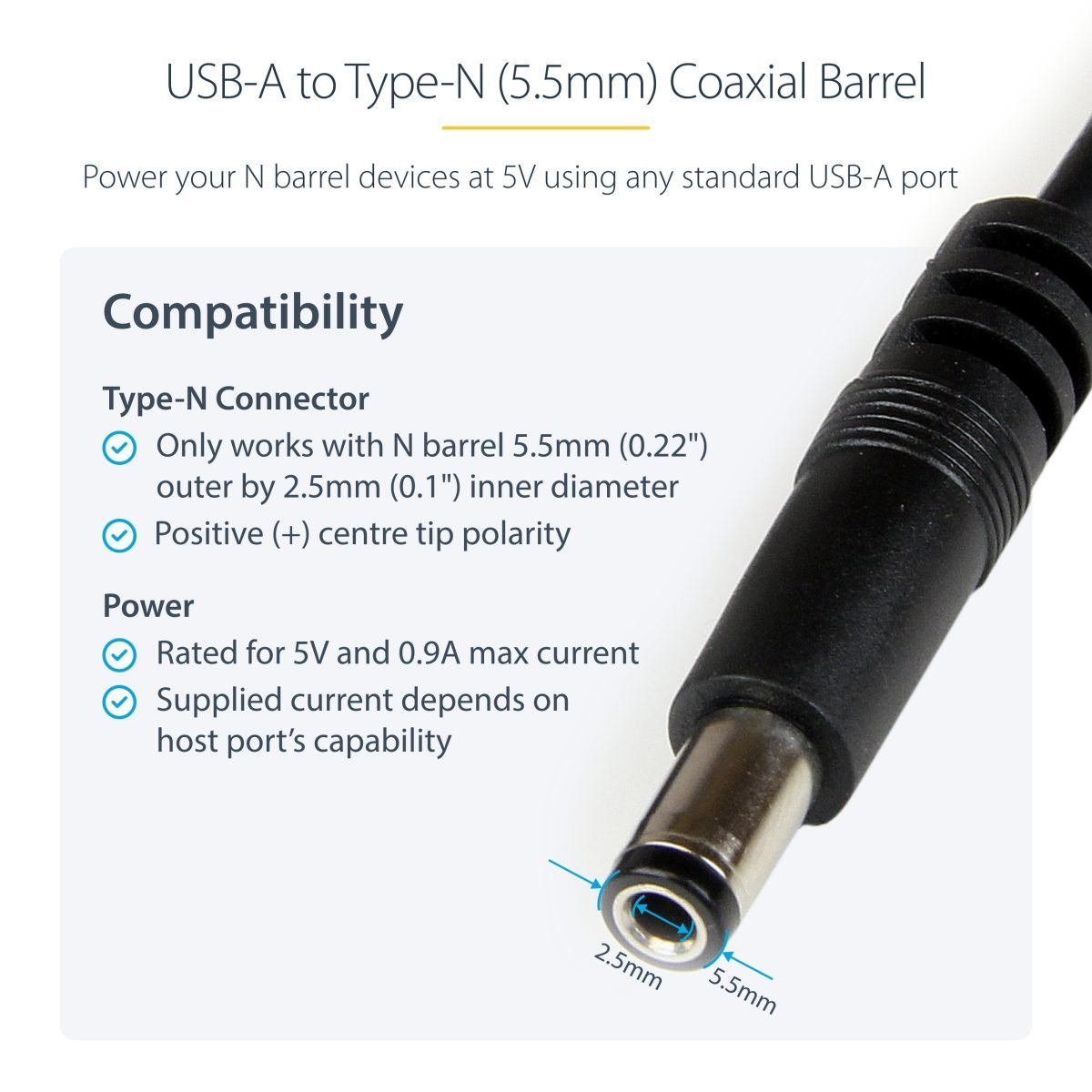 Startech.com 1m USB to 5V DC Power Cable USB2TYPEN1M