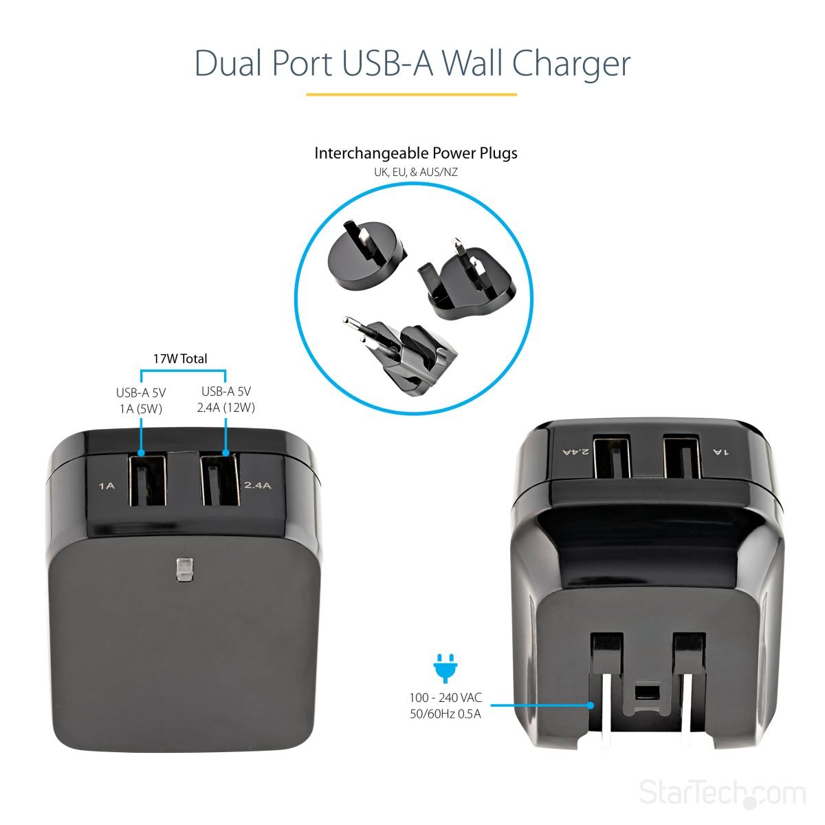 Startech.com 2x USB Wall Charger 17W 3.4A USB2PACBK