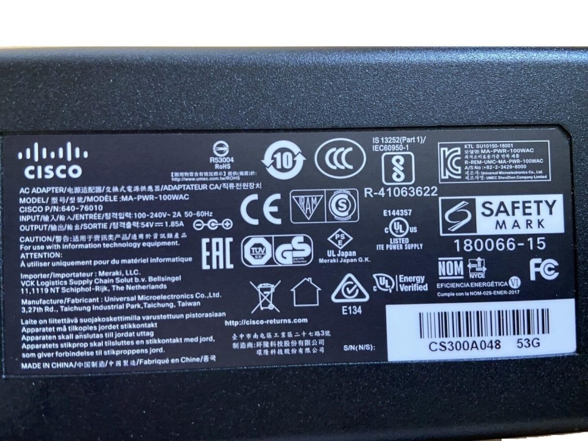 Cisco Meraki MX68 Replacement Power MA-PWR-100WAC