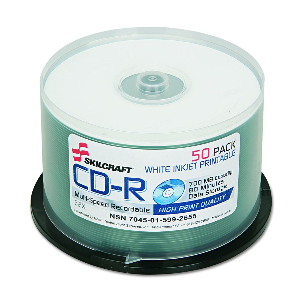 AbilityOne SKILCRAFT Compact Disc, Recordable, 50 CDs on Spindle, White Ink Jet Printable,