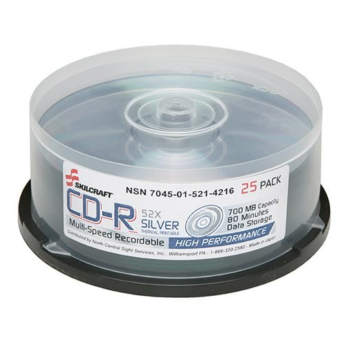 AbilityOne SKILCRAFT Compact Disc, Recordable, 25 CDs on Spindle, Silver 7045-01-521-4216