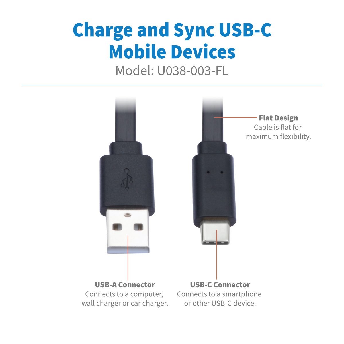 Eaton USB A to C Cable Flat U038-003-FL
