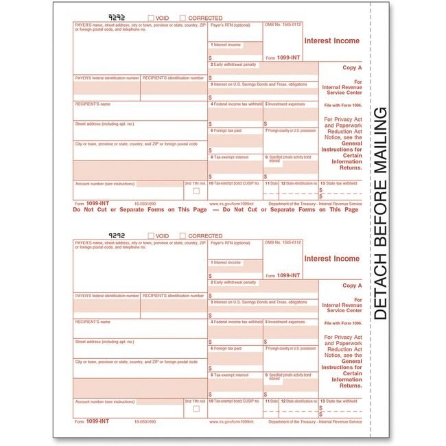 TOPS Products Adams 1099-Int Tax Forms For 2 TOP22983
