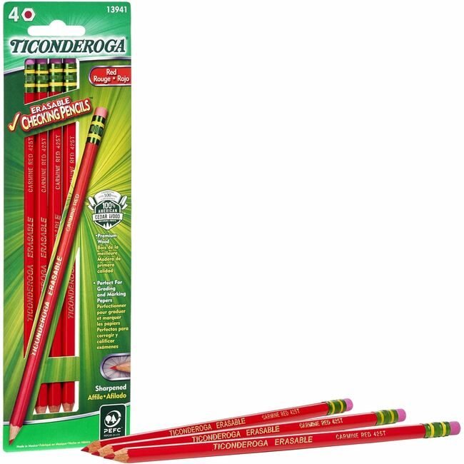 Dixon Ticonderoga Company / Pncl Ersble Red 4 Count DIXX13941