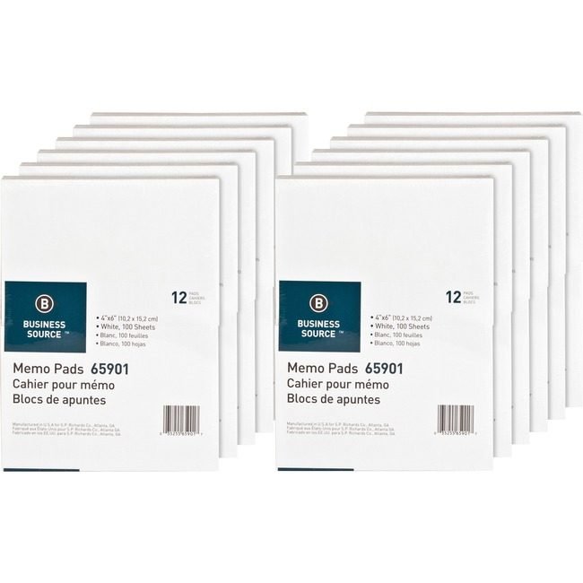 Business Source Pad Memo 4X6 Plain 100SH We BSN65901CT