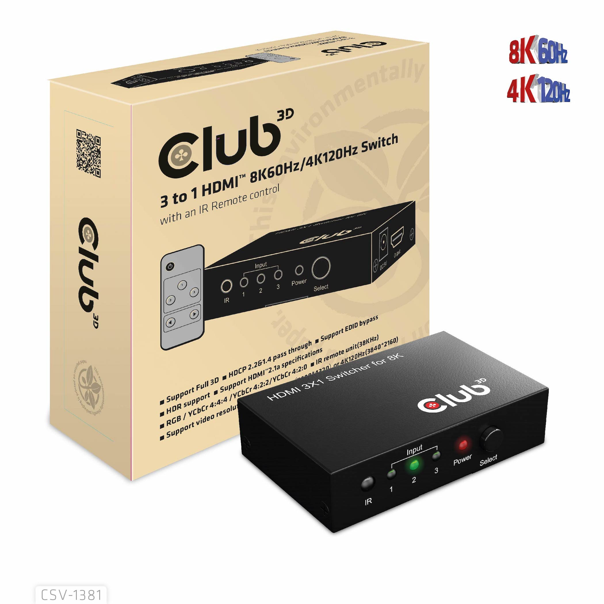 CLUB 3D CLUB3D 3 to 1 HDMI™ 8K60Hz/4K120Hz Switch CSV-1381