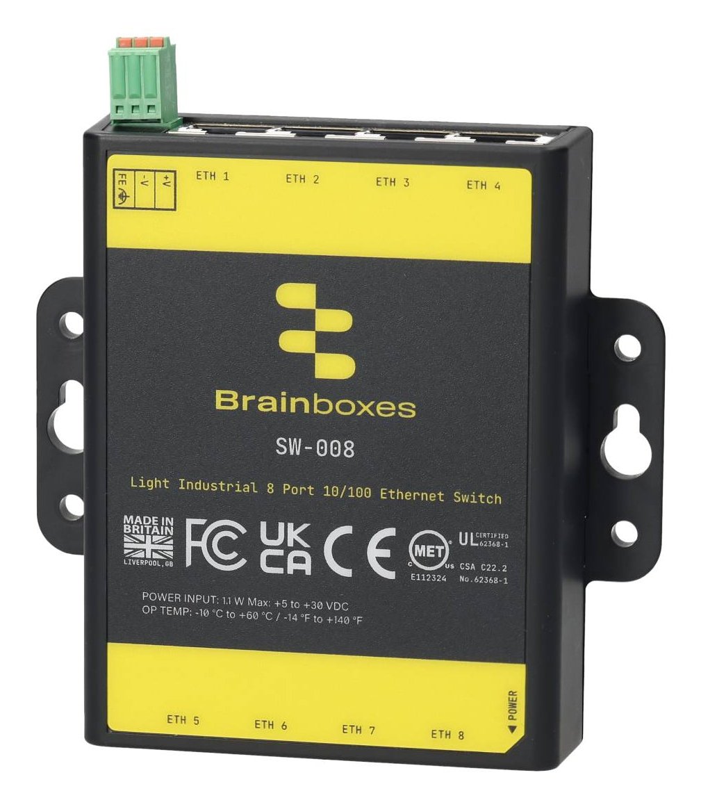 Brainboxes Light Industrial 8 Port 10/100 Ethernet Switch SW-008