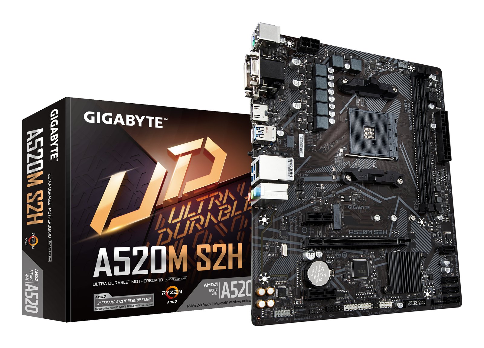 GIGABYTE A520M S2H Motherboard - Supports AMD Ryzen 5000 Series AM4 CPUs, 4+3 Phases Pure Digital