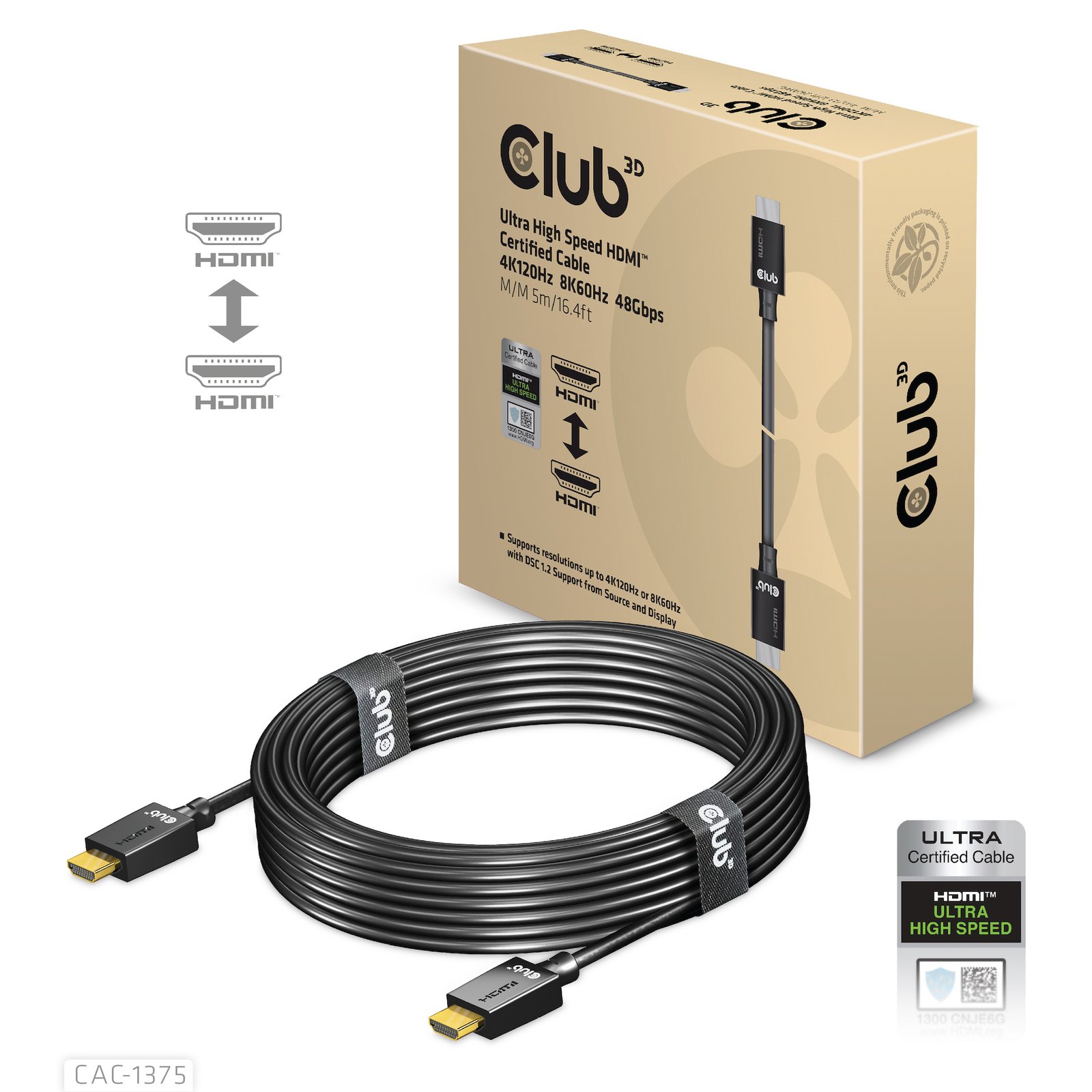 CLUB 3D CLUB3D Ultra High Speed HDMI™ Certified Cable 4K120Hz 8K60Hz 48Gbps M/M 5m/16.4ft CAC-1375