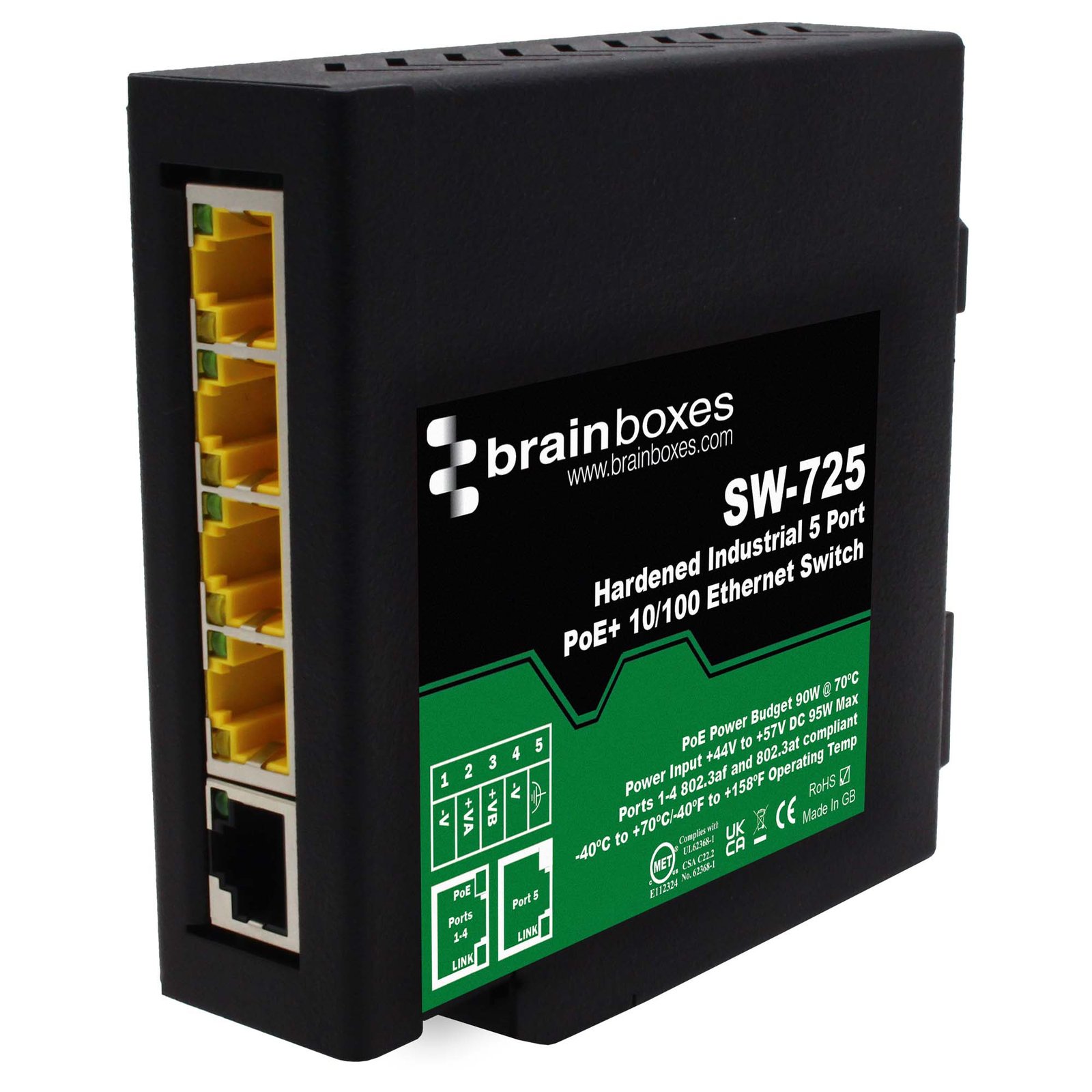 Brainboxes Hardened Industrial 5 Port PoE+ 10/100 Ethernet Switch SW-725