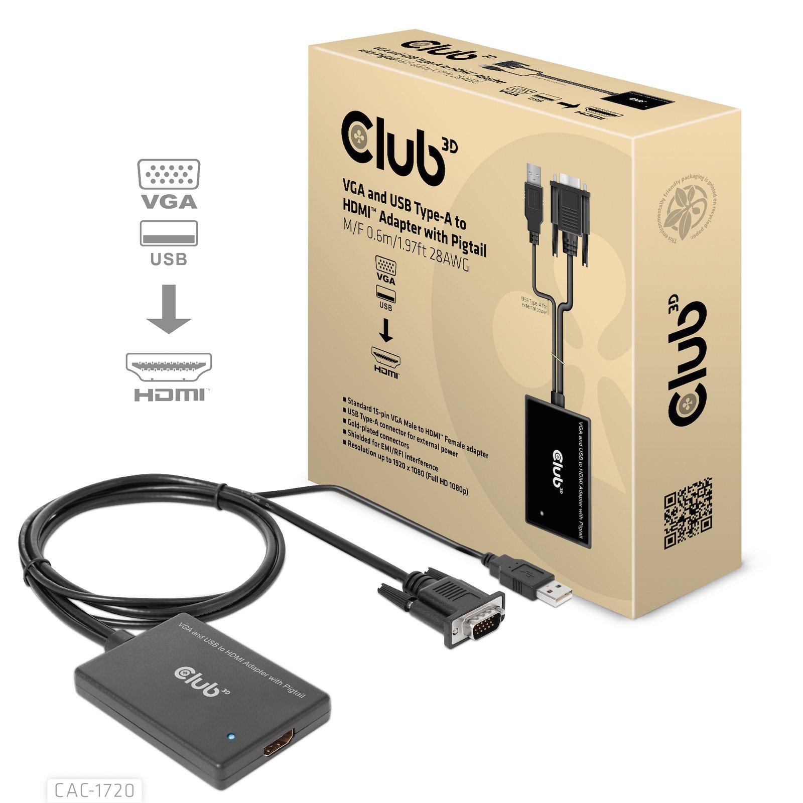 CLUB 3D CLUB3D VGA and USB Type-A to HDMI Adapter with Pigtail M/F 0.6m/1.97ft 28AWG CAC-1720