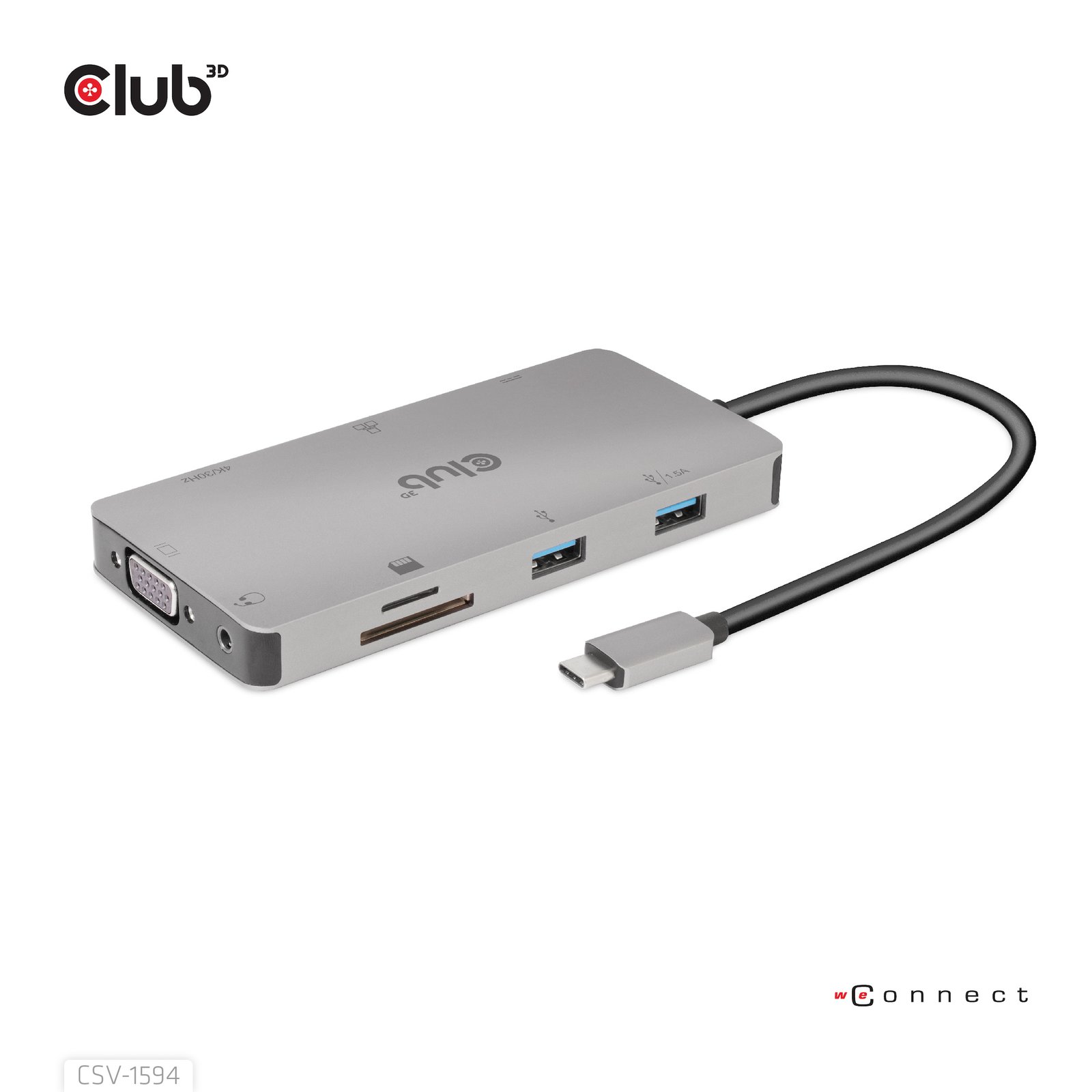CLUB 3D CLUB3D USB Gen1 Type-C 9-in-1 hub with HDMI, VGA, 2x Type-A, RJ45, SD/Micro SD card slots