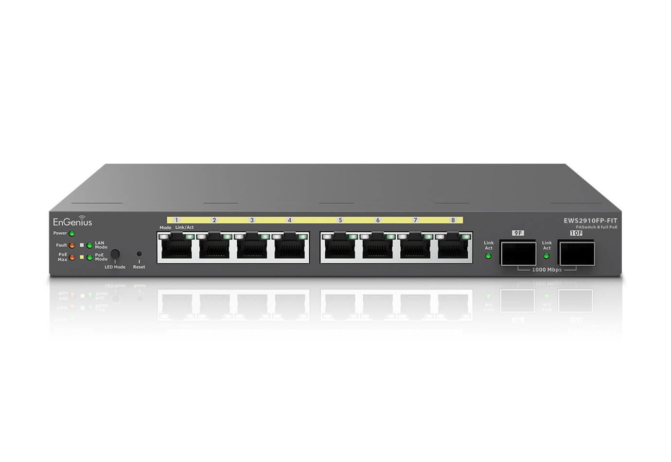 EnGenius Switch 8-port GbE PoE.af/at(+) 130W, 2xSFP Desktop wall-mountable EWS2910FP-FIT