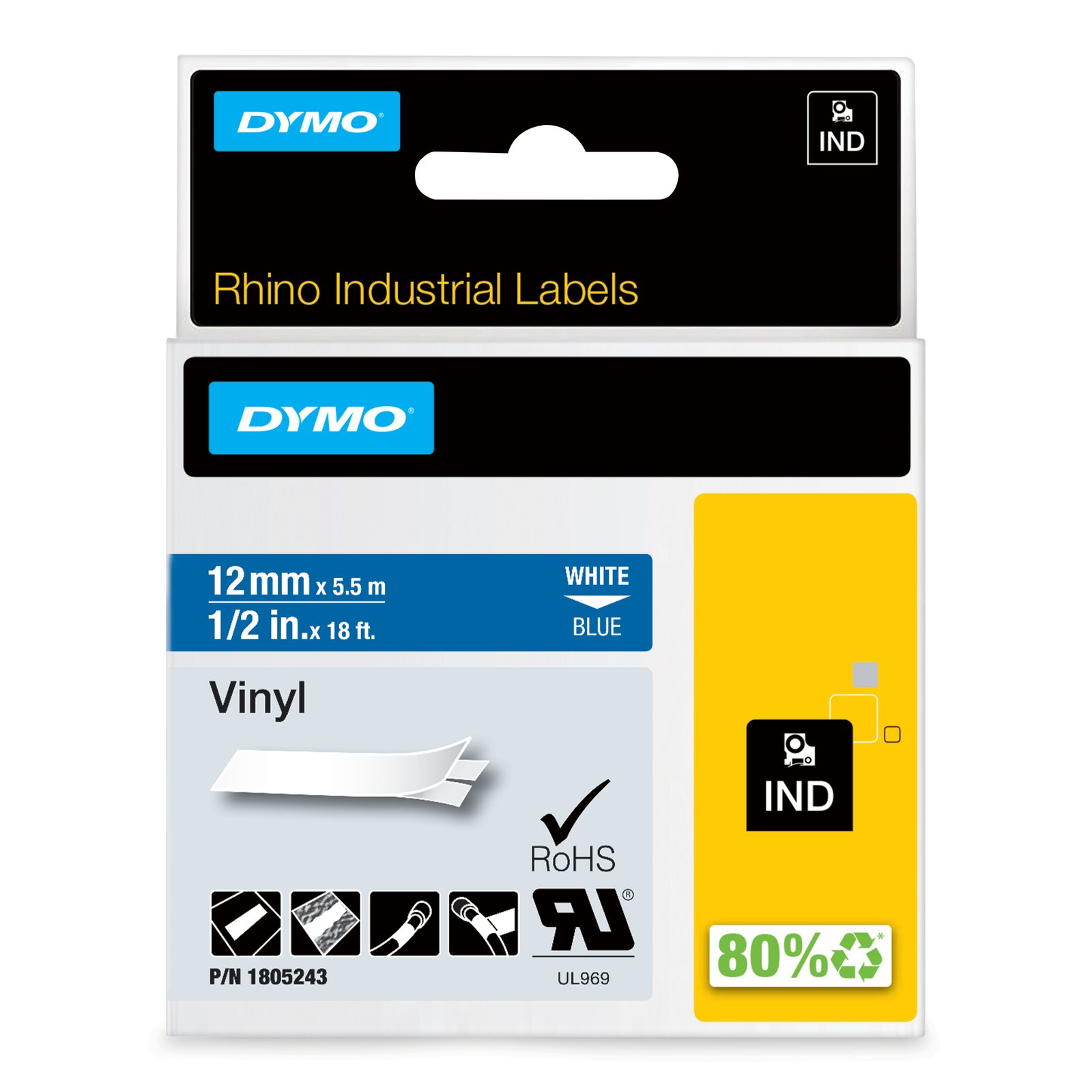 DYMO Rhino Industrial Vinyl Labels | 12 mm x 5.5m | White Print on Blue | Self-Adhesive | for