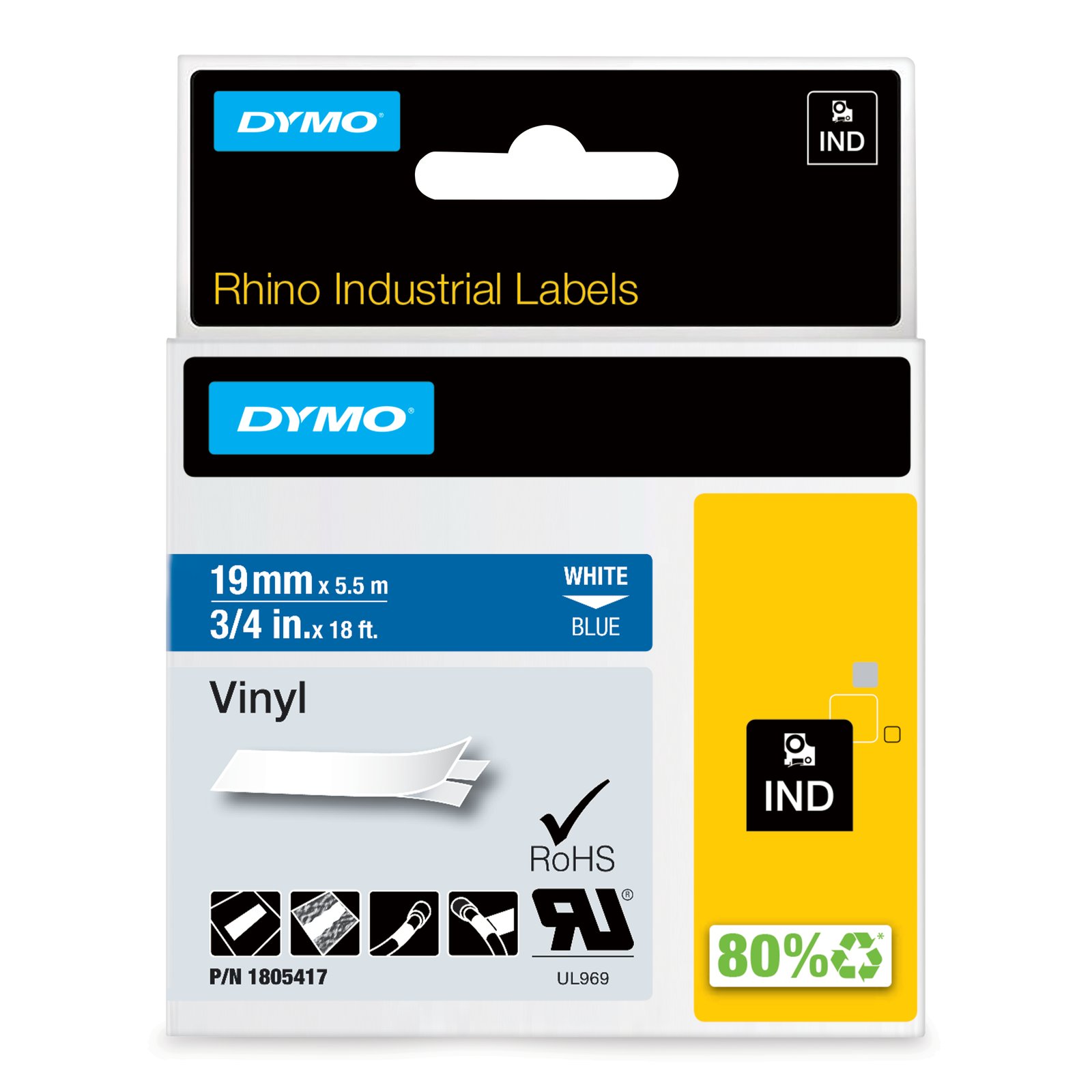DYMO Rhino Industrial Vinyl Labels | 19 mm x 5.5 m | White Print on Blue | Self-Adhesive | for