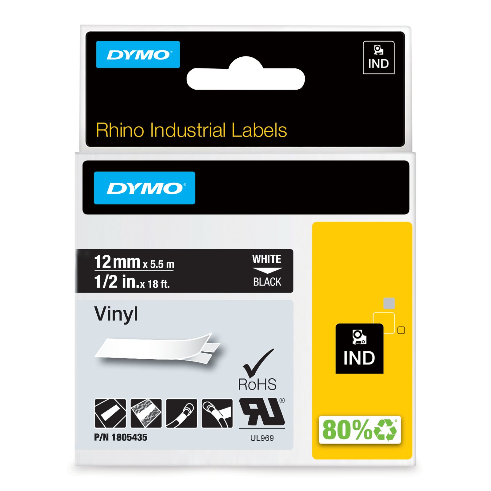 DYMO Rhino Industrial Vinyl Labels | 12 mm x 5.5 m | White Print on Black | Self-Adhesive | for