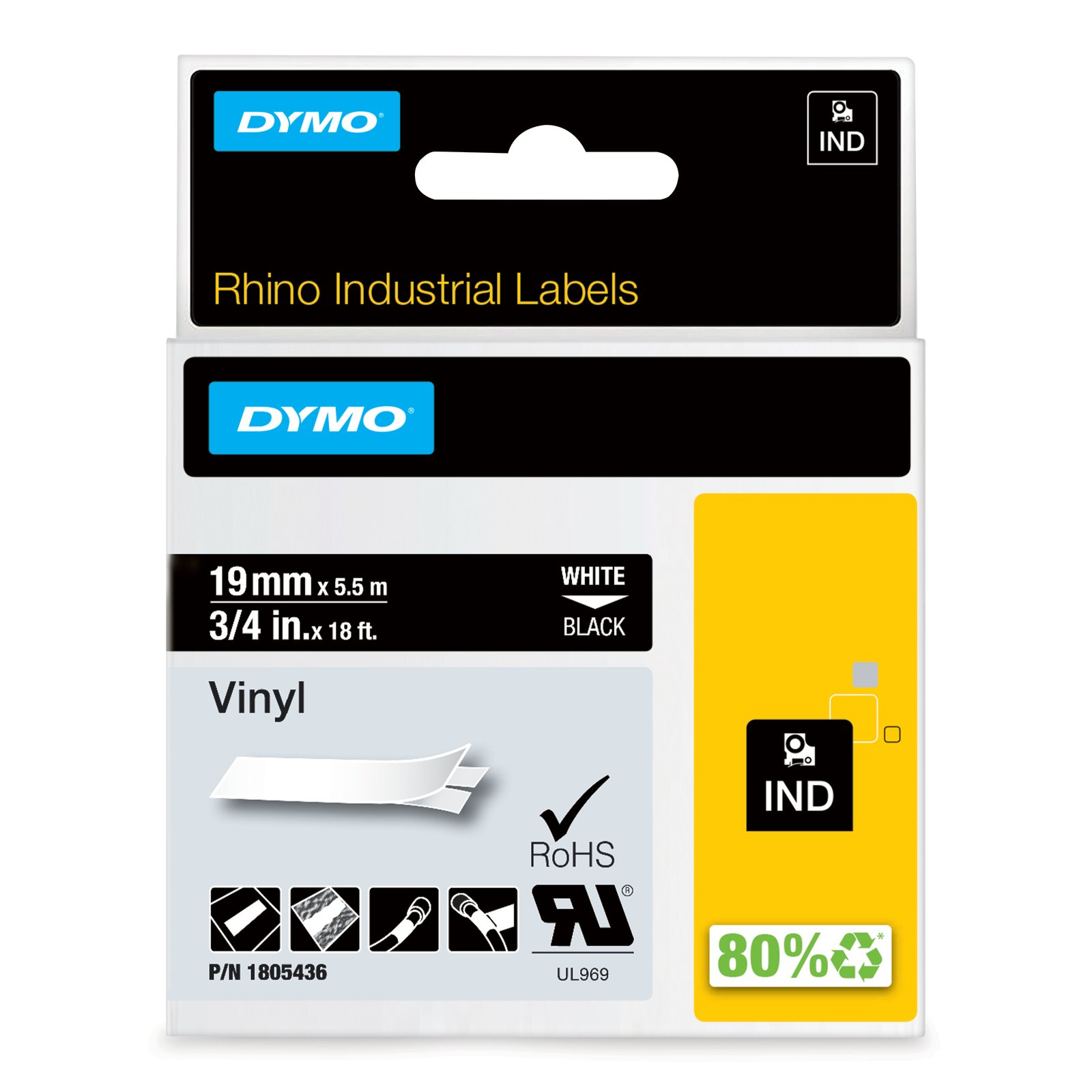 DYMO Rhino Industrial Vinyl Labels | 19 mm x 5.5 m | White Print on Black | Self-Adhesive | for