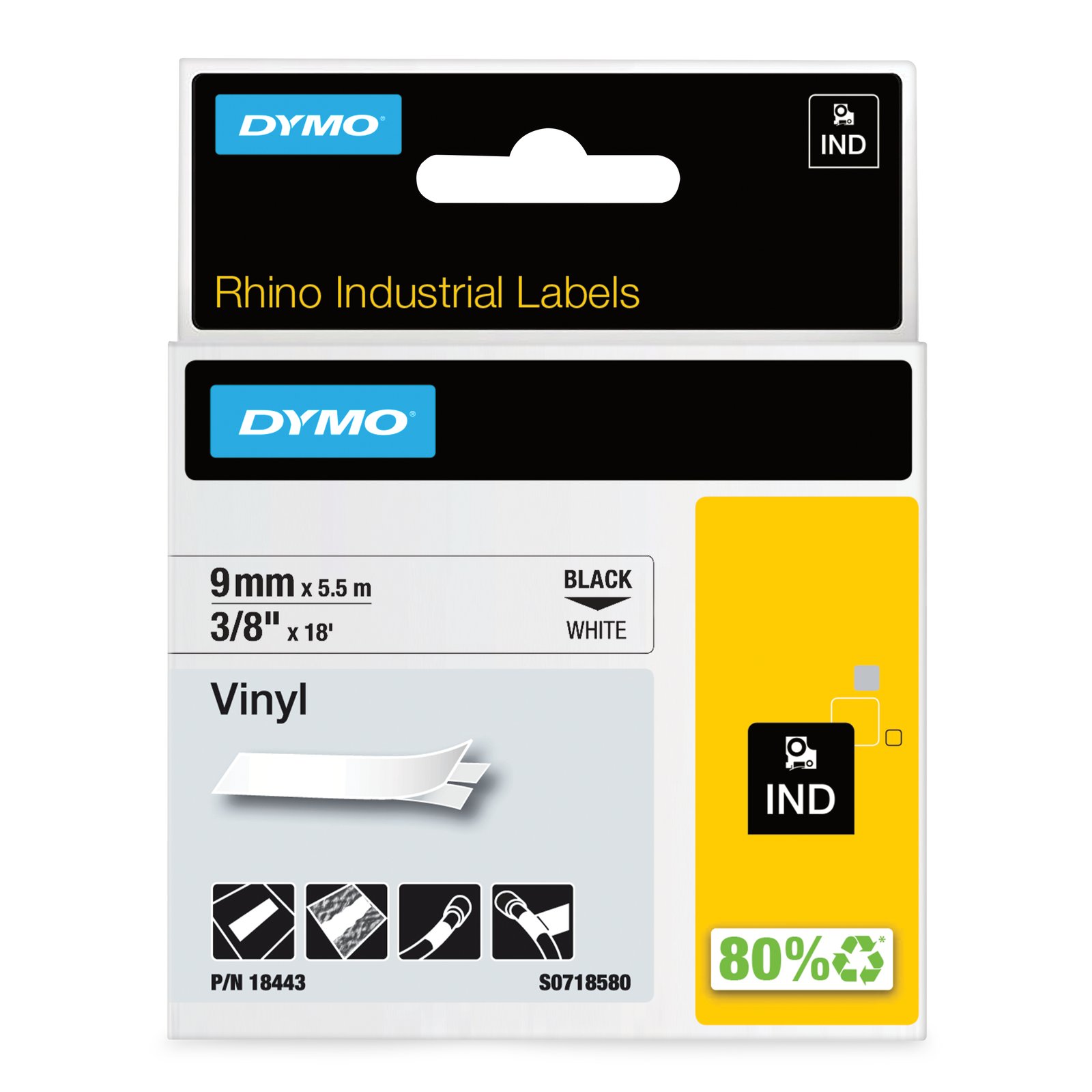 DYMO Rhino Industrial Vinyl Labels | 9 mm x 5.5 m | Black Print on White | Self-Adhesive | for &