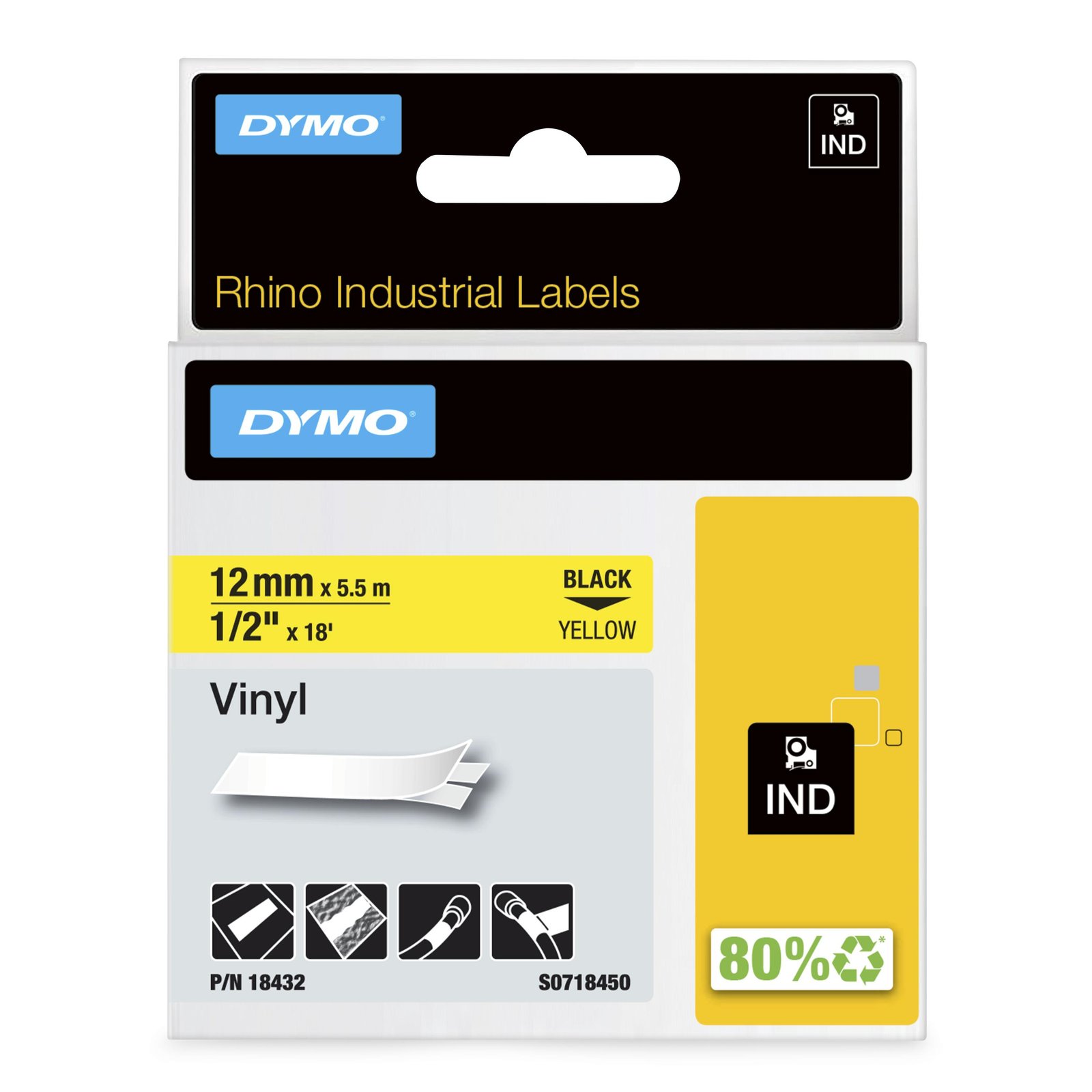 DYMO Rhino Industrial Vinyl Labels | 12 mm x 5.5 m | Black Print on Yellow | Self-Adhesive | for &