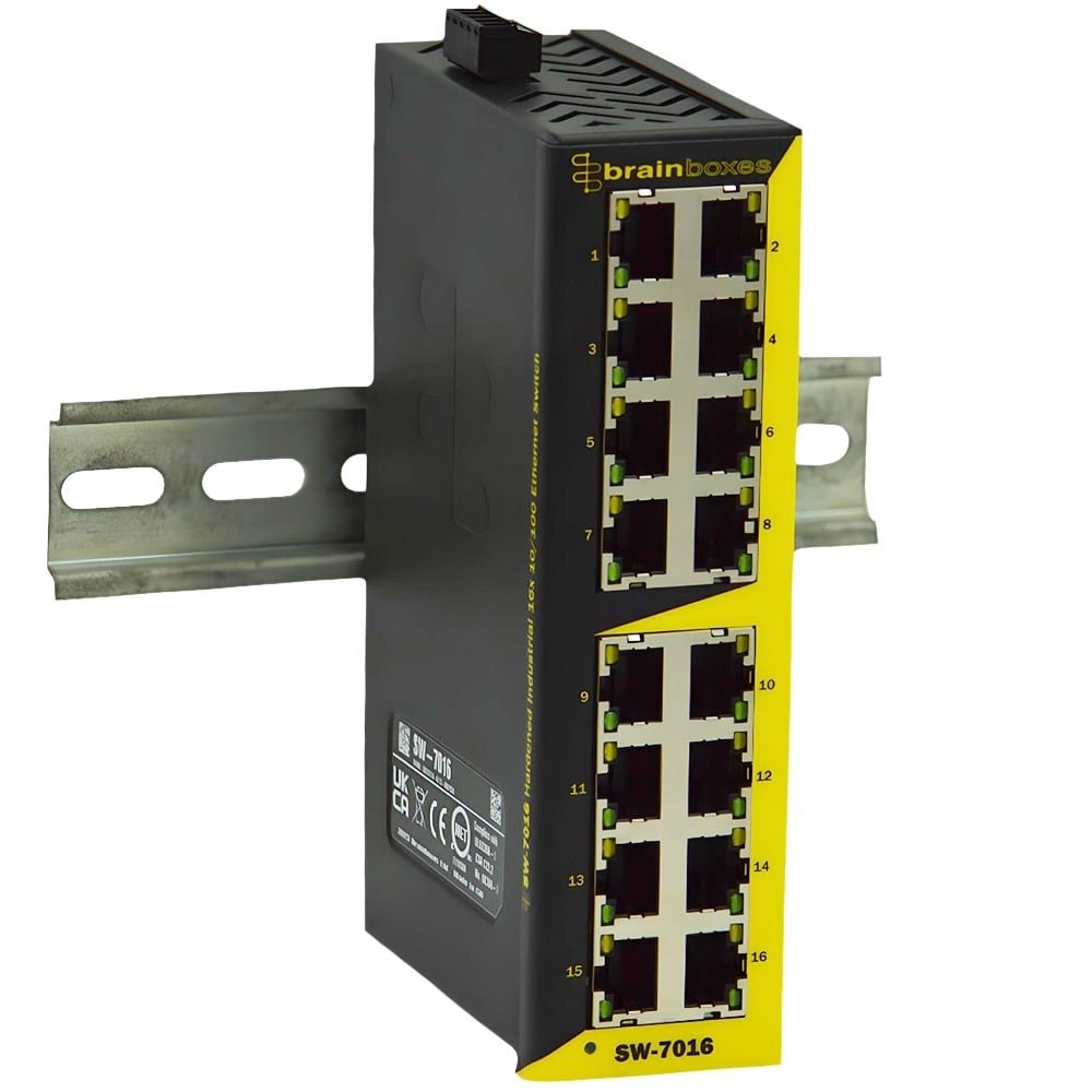 Brainboxes Hard Industrial 16 Port 10/100 Ethernet Switch SW-7016