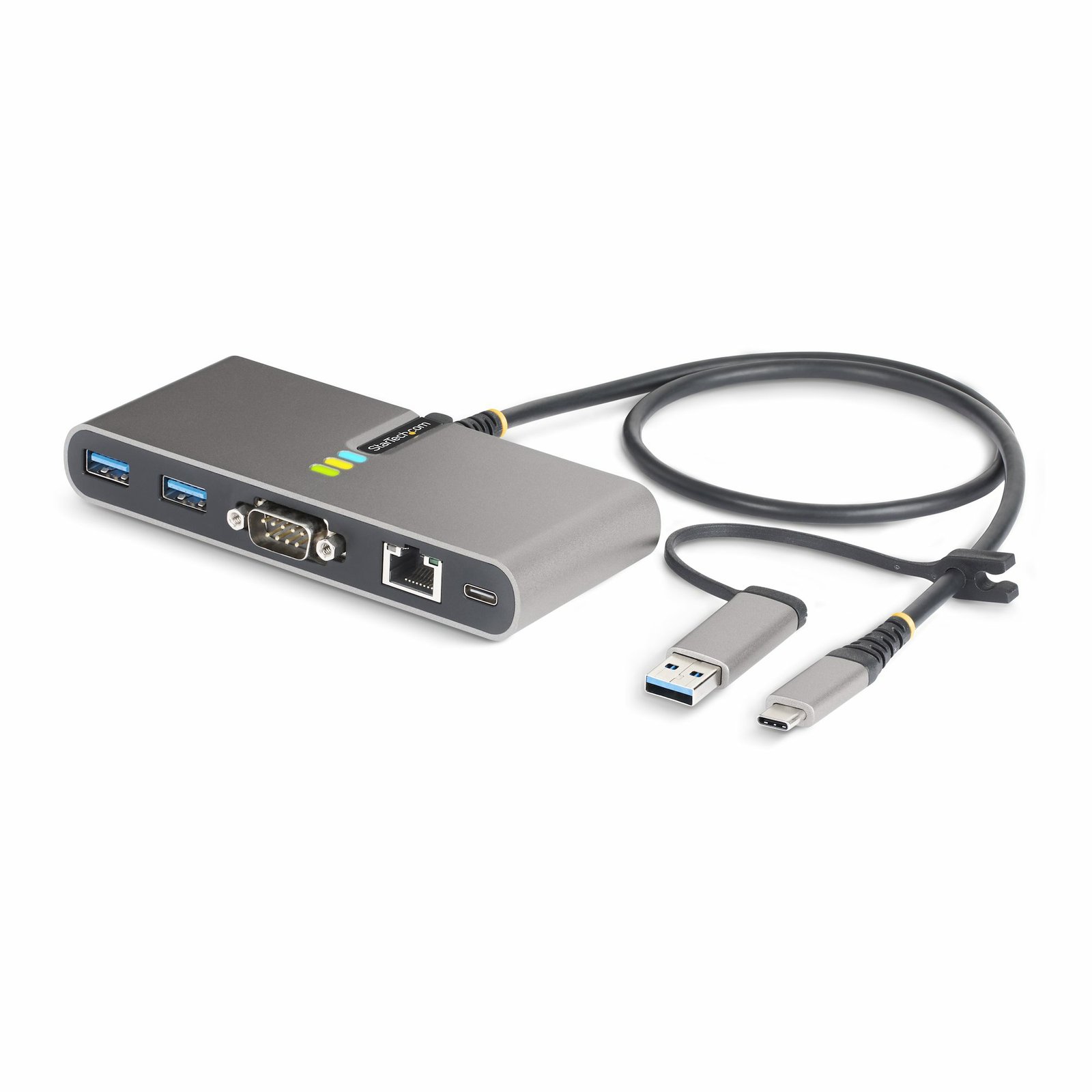 StarTech.com 2-Port USB-C Hub with Ethernet and RS-232, Attached to USB-A Dongle, 100W PD 5G2A1SGBBUSBCHU