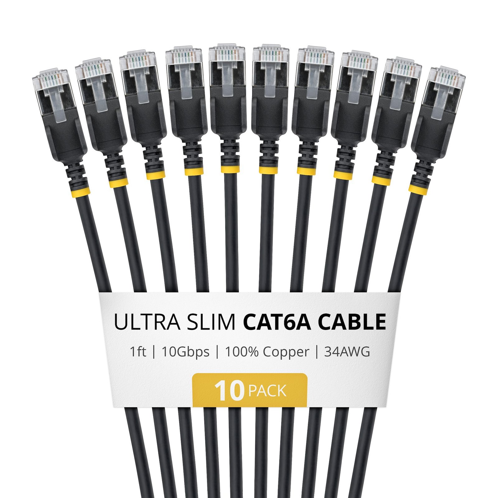 StarTech.com 1ft Black Ultra Slim Cat6A Ethernet Cable, 10 Pack, Snagless, FTP, Pure Bare Copper 6ASTP34BKS1FT10