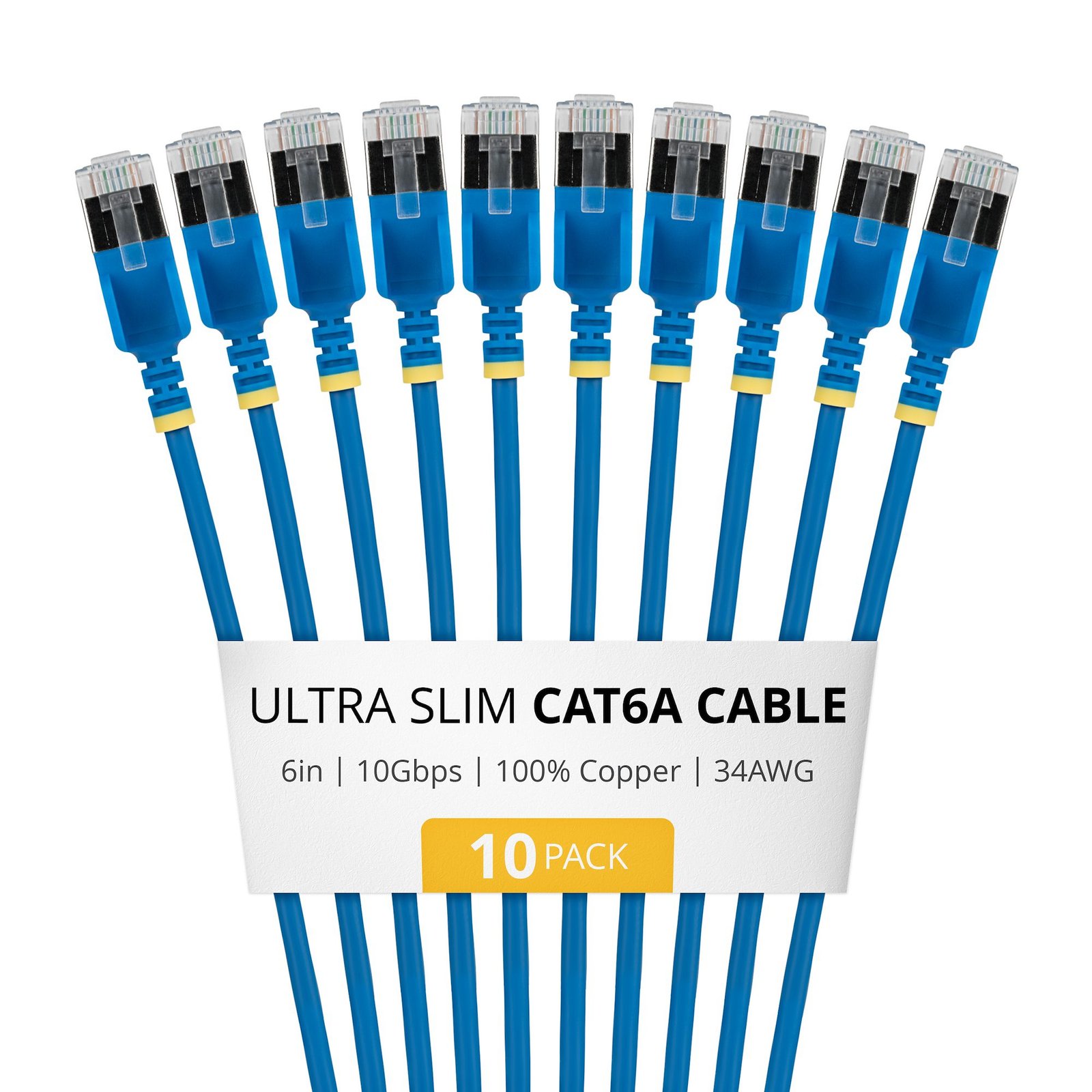 StarTech.com 6in Blue Ultra Slim Cat6A Ethernet Cable, 10 pack, Snagless, FTP, Pure Bare Copper 6ASTP34BLS6IN10