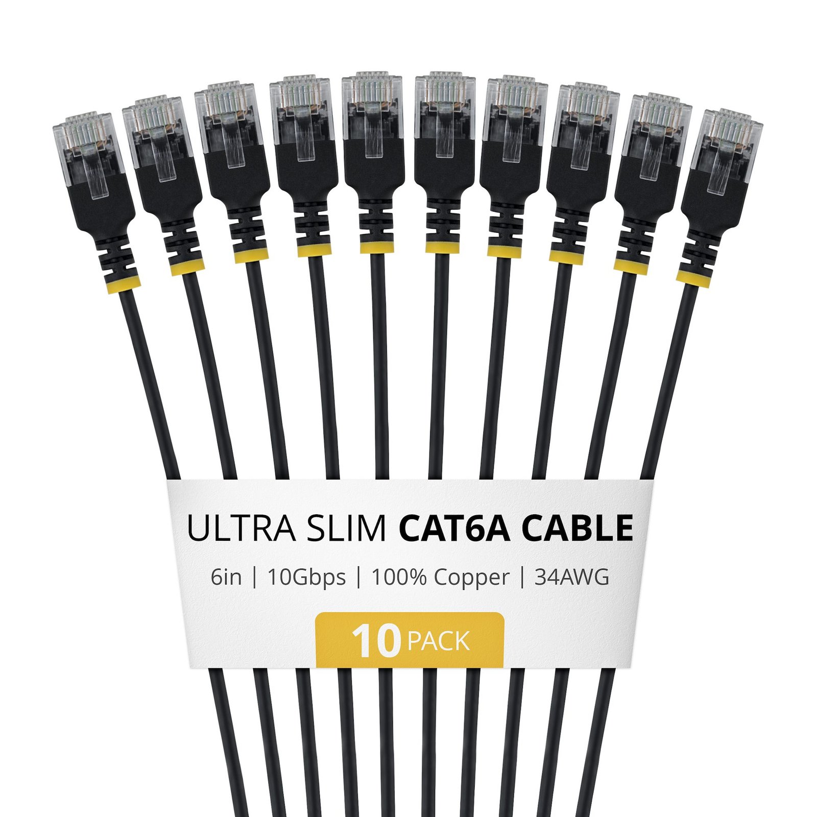 StarTech.com 6in Black Ultra Slim Cat6A Ethernet Cable, 10 pack, UTP, Pure Bare Copper Wire, 34AWG 6AUTP34BKS6IN10